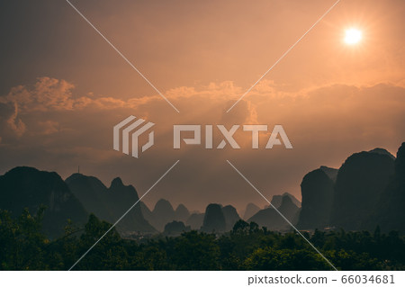 Yangshuo landscape panorama during sunset a sunny 66034681