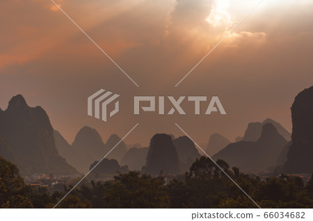 Yangshuo landscape panorama during sunset a sunny 66034682