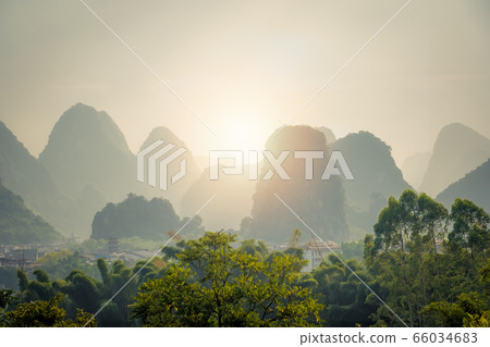 Yangshuo landscape panorama during sunset a sunny 66034683