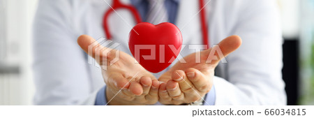 Male medicine doctor hands holding and covering red toy heart 66034815