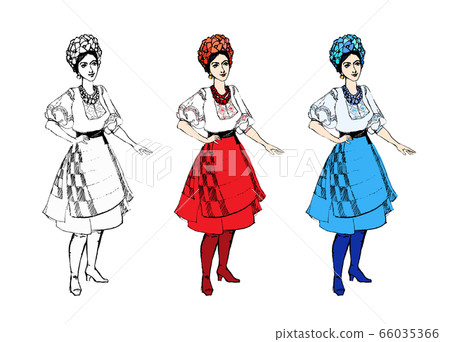 Set with cartoon girl black and white and colorful in traditional costume clothes, ukrainian woman isolated 66035366