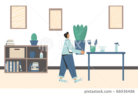Plant lover. Man with indor flower pot. Vector 66036486