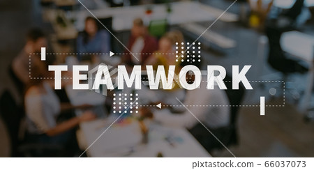 Teamwork word written on group of people discussing plan Teamwork word written on group of people discussing plan 66037073