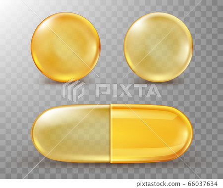 Capsules with oil, gold round and oval pills. Capsules with oil, gold round and oval pills. 66037634