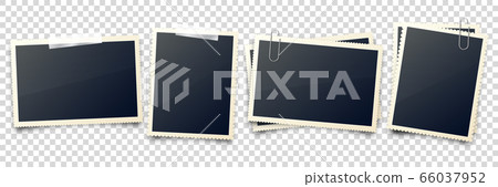 Realistic blank photo card frame, film set. Retro vintage photograph with adhesive tape and shadow 66037952