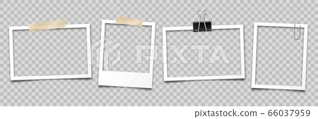 Realistic empty photo card frame, film set. Retro vintage photograph with transparent adhesive tape 66037959