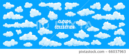 White clouds set. Abstract blue summer sky. Simple cartoon cloud. Vector illustration. 66037963