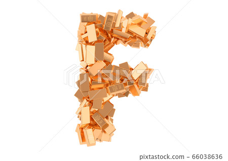 Letter F, from golden ingots. 3D rendering Letter F, from golden ingots. 3D rendering 66038636