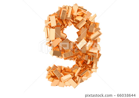 Number 9, from golden ingots. 3D rendering Number 9, from golden ingots. 3D rendering 66038644