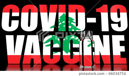 COVID-19 coronavirus disease vaccine vial against the Lebanese flag. Medical research and vaccination in Lebanon. 3D rendering 66038758