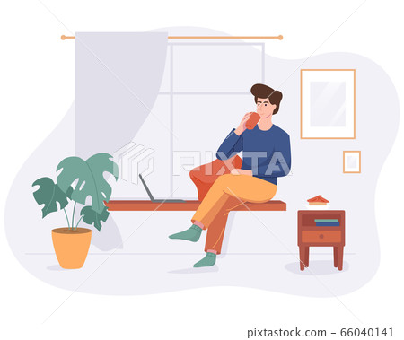 Freelance man work from home comfortable space at windowsill with computer in flat style vector illustration isolated on white. Freelancer character self employed concept working online drink coffee. 66040141