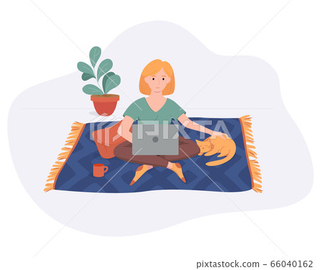 Freelance woman work from home comfortable space on carpet with computer and cat flat style vector illustration isolated on white. Freelancer girl self employed concept working online. 66040162