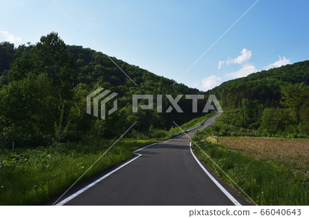 A straight road on the asphalt road that runs into the mountains (Hokkaido) A straight road on the asphalt road that runs into the mountains (Hokkaido) 66040643