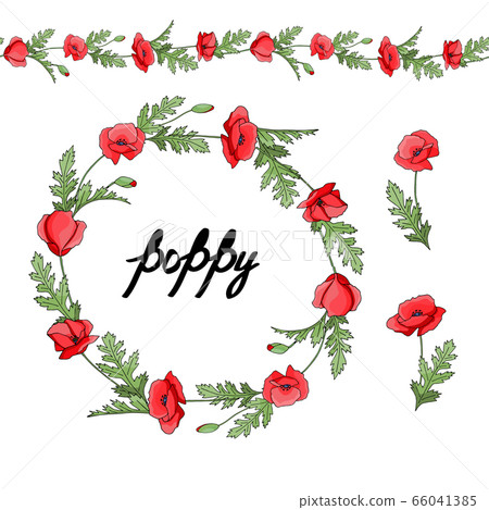 Horizontal floral border pattern. Fashion style. Floral wreath. Detailed contour wreath and seamless pattern brush with poppy isolated on white. Endless horizontal texture for your design. Horizontal floral border pattern. Fashion style. Floral wreath. Detailed contour wreath and seamless pattern brush with poppy isolated on white. Endless horizontal texture for your design. 66041385