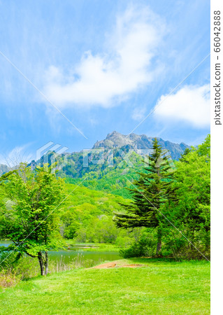 Fresh green Togakushi mountain seen from Kagamiike 66042888