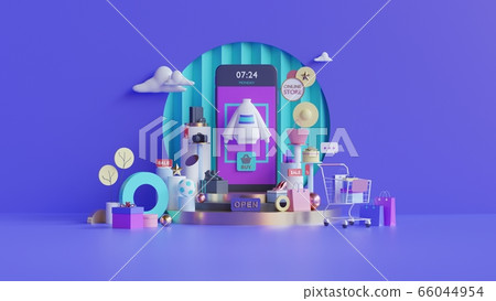 Shopping on-line. Online store on website or mobile application. 3d rendering background. digital marketing shop concept. 66044954