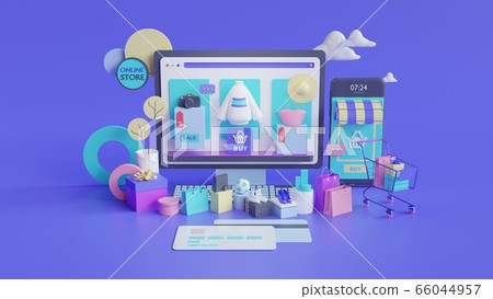 Shopping on-line. Online store on website or mobile application. 3d rendering background. digital marketing shop concept. 66044957