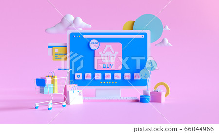 Shopping on-line. Online store on website or mobile application. 3d rendering background. digital marketing shop concept. 66044966