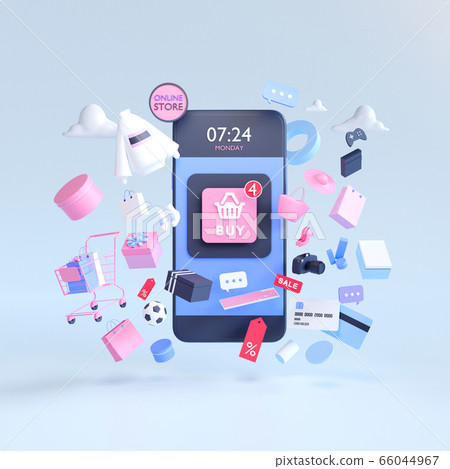 Shopping on-line. Online store on website or mobile application. 3d rendering background. digital marketing shop concept. Shopping on-line. Online store on website or mobile application. 3d rendering background. digital marketing shop concept. 66044967