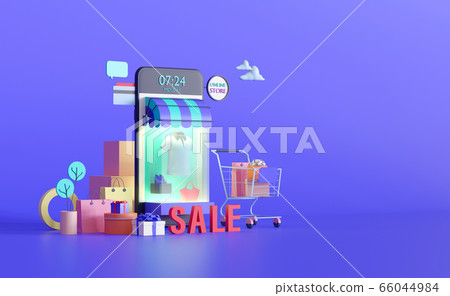 Shopping on-line. Online store on website or mobile application. 3d rendering background. digital marketing shop concept. Shopping on-line. Online store on website or mobile application. 3d rendering background. digital marketing shop concept. 66044984