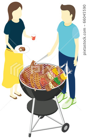 Two men and women barbecuing 66045590