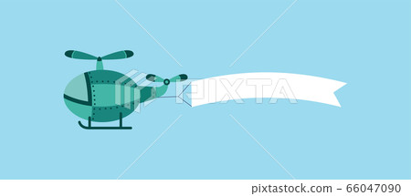 Green cartoon helicopter dragging a white blank flag banner in air 66047090