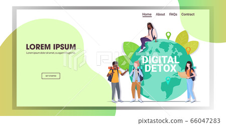 travelers with backpacks near earth planet digital detox rest from devices vacation travel adventure 66047283