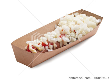One frikadel with ketchup, mayonnaise on chopped 66049603