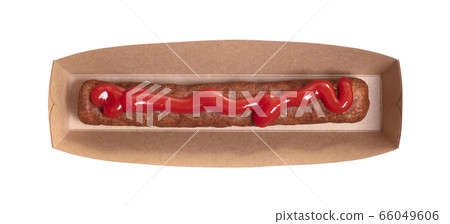 One frikadel with ketchup, a Dutch fast food snack One frikadel with ketchup, a Dutch fast food snack 66049606
