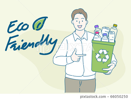 Young man holding a recycling bin full of plastic bottles. Sustainability concept. Hand drawn in thin line style, vector illustrations. 66050250