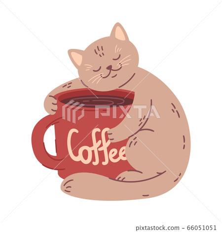 Cat hugs a big coffee cup. Vector illustration for coffee houses. Isolated on white background. Can be used for menu, logo or flyer, greeting card, design t-shirt, print or poster. Cat hugs a big coffee cup. Vector illustration for coffee houses. Isolated on white background. Can be used for menu, logo or flyer, greeting card, design t-shirt, print or poster. 66051051