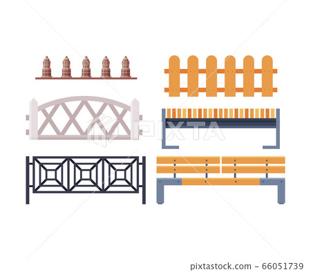 Decorative Fences Collection, Wooden, Wrought Iron and Stone Fence, Urban Infrastructure Design Element, Flat Style Vector Illustration on White Background Decorative Fences Collection, Wooden, Wrought Iron and Stone Fence, Urban Infrastructure Design Element, Flat Style Vector Illustration on White Background 66051739
