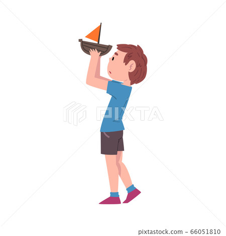 Boy Playing with Toy Boat, Cute Child Daily Routine Activity Cartoon Style Vector Illustration Isolated on White Background