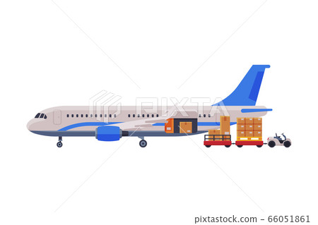 Cargo Jet Airplane, Freight Cargo Transport with Cardboard Boxes and Forklift Flat Style Vector Illustration on White Background 66051861