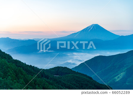 (Yamanashi Prefecture) View of Mt. Fuji from the fresh green, sea of clouds and pond teahouse forest road 66052289