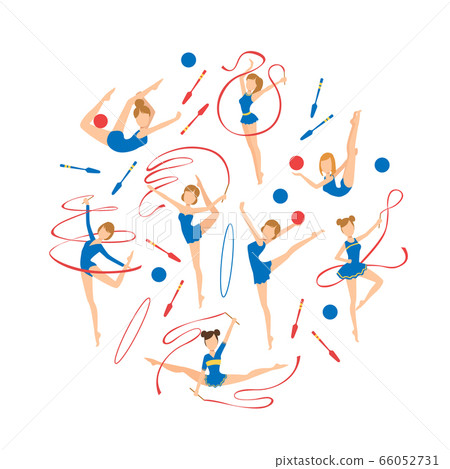 Gymnastics Banner Template, Round Shape Pattern of Professional Female Gymnasts Exercising with Ribbons Vector Illustration 66052731
