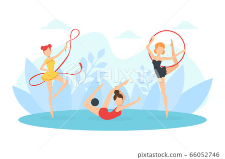 Flexible Professional Female Gymnasts Doing Rhythmic Gymnastics with Ribbon, Ball and Hoop Vector Illustration Flexible Professional Female Gymnasts Doing Rhythmic Gymnastics with Ribbon, Ball and Hoop Vector Illustration 66052746