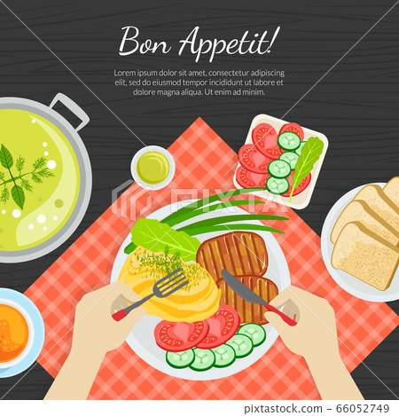 Bon Appetit Banner Template, Top View of Person Eating Delicious Dishes Banner Vector Illustratio Bon Appetit Banner Template, Top View of Person Eating Delicious Dishes Banner Vector Illustratio 66052749