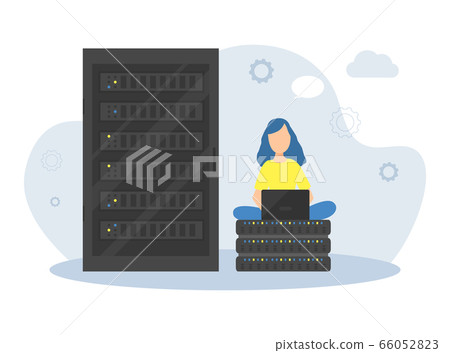 Young Woman Programmer Working with Computer in Server Room, Female System Administrator Monitoring the Operation of Servers Vector Illustration 66052823