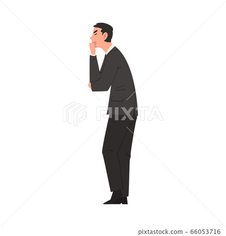 Thoughtful Businessman in Suit Standing and Holding Hand on Chin, Side View Vector Illustration Thoughtful Businessman in Suit Standing and Holding Hand on Chin, Side View Vector Illustration 66053716