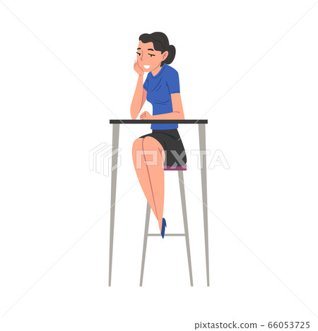 Cheerful Young Woman Sitting on High Chair at Desk, HR Specialist Working at Headhunting Agency Vector Illustration 66053725
