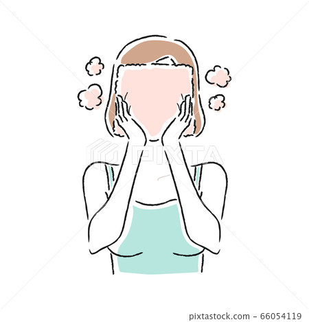 Illustration of a young woman warming her face with a hot towel. 66054119