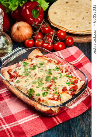 Traditional mexican enchiladas with chicken meat, 66055032