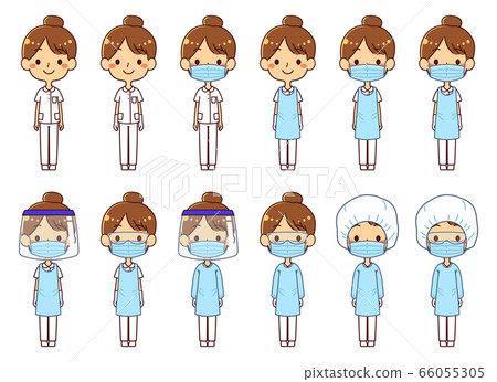 Nurse female illustration set wearing personal protective equipment (PPE) 66055305