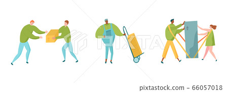 Delivery service characters set with messengers, postman with push cart and couple using shoulder straps. Delivery service characters set with messengers, postman with push cart and couple using shoulder straps. 66057018