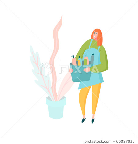Housekeeper girl with bucket full of chemical supplies on a home plant in pot background. Housekeeper girl with bucket full of chemical supplies on a home plant in pot background. 66057033