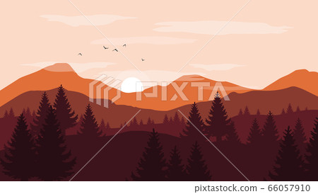 風景圖1 Landscape with orange and red silhouettes of-插圖素材