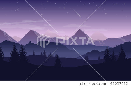 Blue and purple landscape with silhouettes of Blue and purple landscape with silhouettes of 66057912