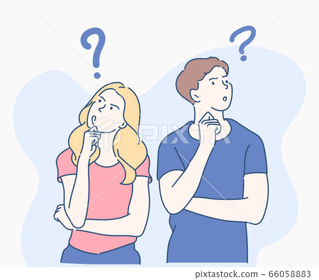 Men and women are thinking about something to find a solution. Problem solving concept. Hand drawn in thin line style, vector illustrations. 66058883