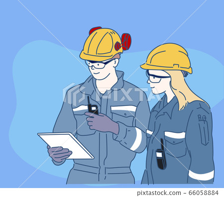 Engineer team working by laptop computer. Engineering concept. Hand drawn in thin line style, vector illustrations. 66058884